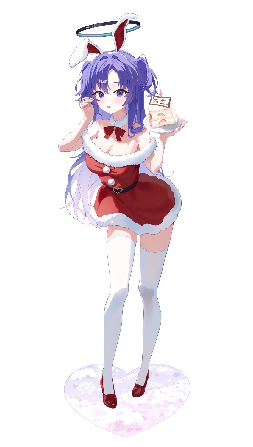 1girl absurdres animal_ear_hairband animal_ears blue_archive blush cake detached_collar dress fake_animal_ears food hair_between_eyes hairband hand_in_own_hair hand_up hido88 highres holding holding_plate looking_at_viewer open_mouth plate purple_eyes purple_hair rabbit_ear_hairband rabbit_ears red_dress red_hairband red_ribbon ribbon santa_costume santa_dress sidelocks thighhighs two_side_up white_background white_thighhighs yuuka_(blue_archive)