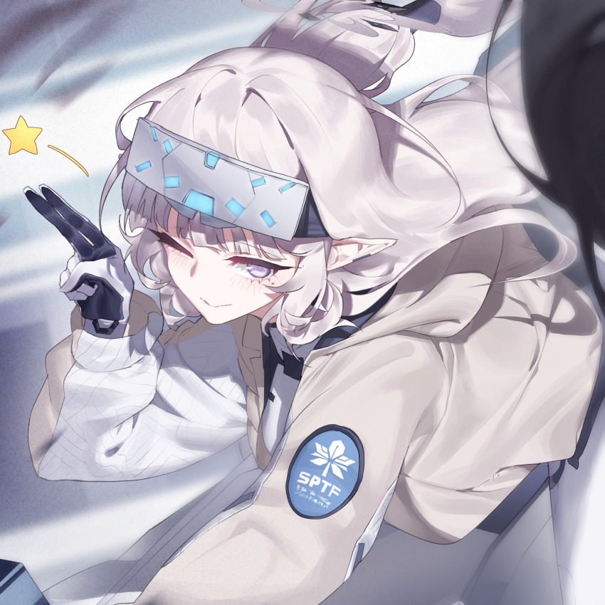 1girl 26duck blue_archive blunt_bangs closed_mouth gloves goggles goggles_on_head grey_jacket head-mounted_display highres himari_(blue_archive) jacket long_hair looking_at_viewer motor_vehicle motorcycle official_alternate_costume on_motorcycle one_eye_closed pointy_ears purple_eyes sidelocks smile solo white_gloves white_hair