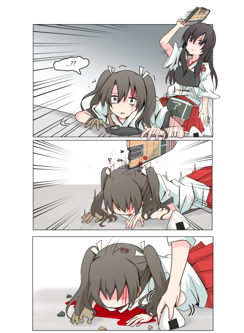 ? ?? akagi_(kancolle) blood blood_on_face blood_splatter comic cyberdemon_no3 flight_deck food hakama hakama_short_skirt hakama_skirt highres hitting injury japanese_clothes kantai_collection long_hair multiple_girls muneate onigiri ribbon silent_comic skirt straight_hair tears translation_request twintails white_ribbon zuikaku_(kancolle)