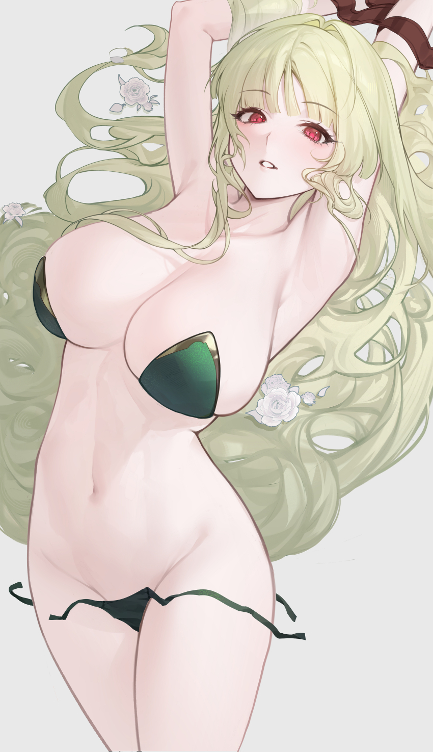 1girl absurdres armpits arms_up azur_lane breasts flower green_hair green_panties grey_background hair_intakes highres large_breasts long_hair looking_at_viewer lying napoli_(azur_lane) navel on_back panties parted_lips red_eyes simple_background solo stomach underwear user_tema8258 very_long_hair white_flower