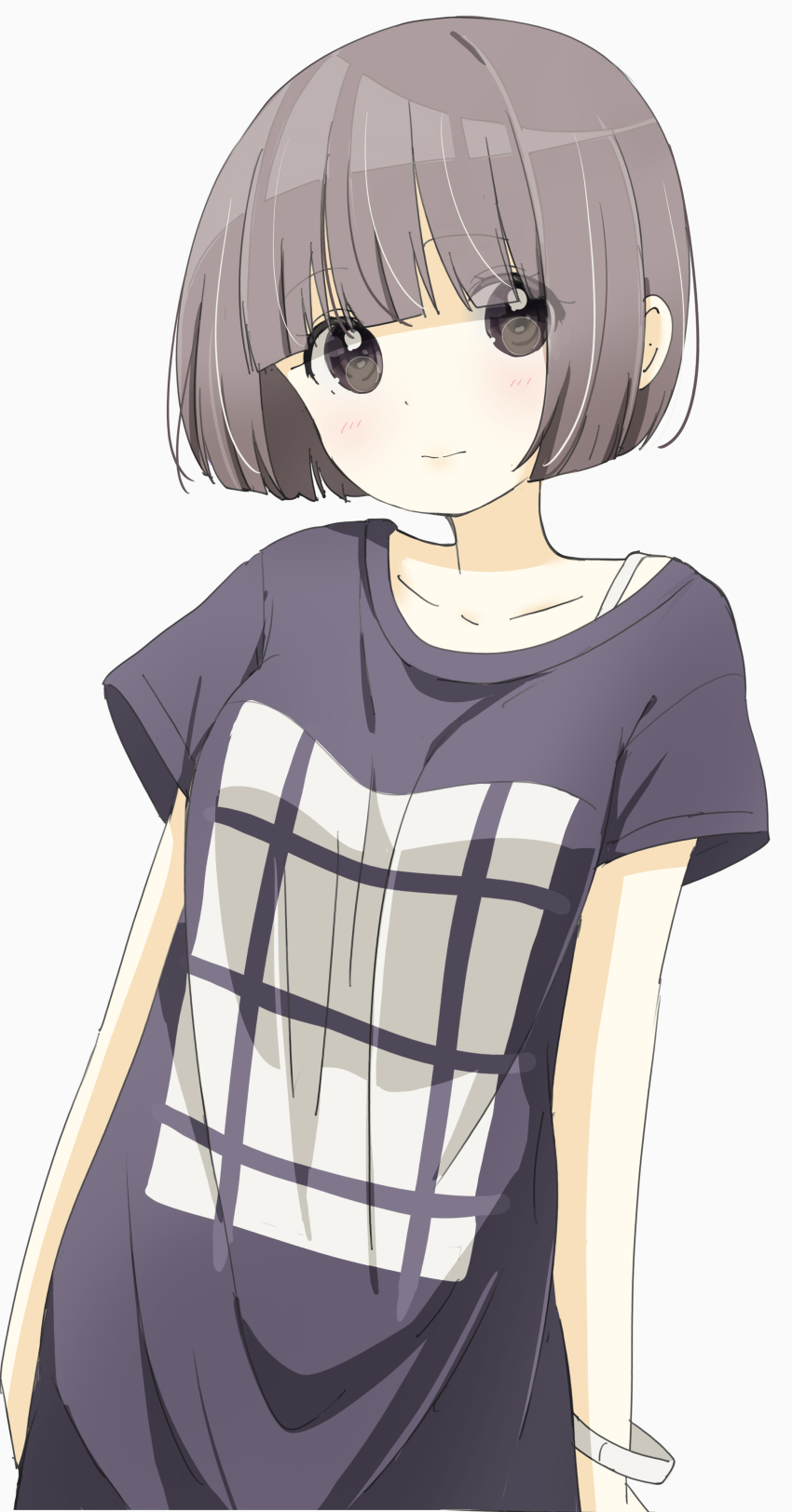 1girl absurdres bob_cut bra_strap bracelet grey_eyes grey_hair highres jewelry jyoji00 looking_at_viewer original print_shirt purple_shirt shirt short_sleeves simple_background solo white_background