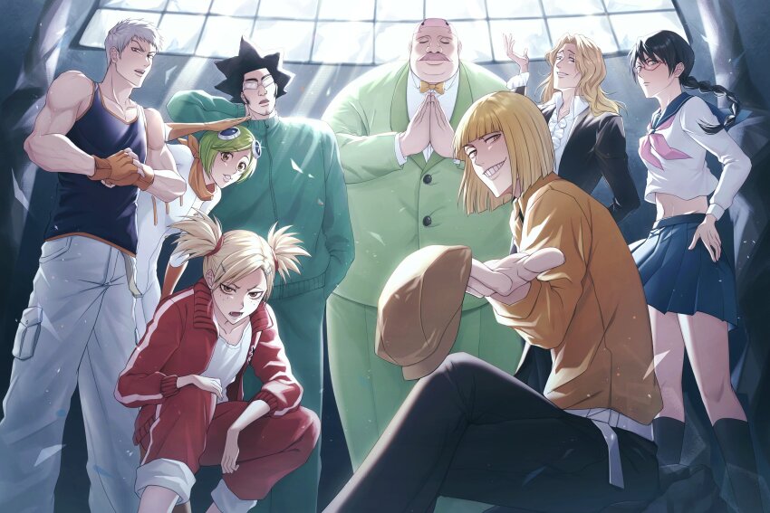 3girls 5boys absurdres aikawa_love backlighting bare_shoulders black_hair black_pants black_socks bleach blonde_hair blue_sailor_collar blue_skirt blunt_bangs bob_cut bodysuit braid braided_ponytail brown_eyes center_frills closed_eyes closed_mouth collared_shirt commentary_request everyone eyebrows_hidden_by_hair facial_hair fang feet_out_of_frame fingerless_gloves freckles frilled_shirt frills frown glint gloves green_hair green_pants grey_hair grin highres hirako_shinji indoors jacket kneehighs korean_commentary kuna_mashiro kuni_929 long_hair looking_at_viewer midriff miniskirt muguruma_kensei multiple_boys multiple_girls muscular muscular_male mustache neckerchief nose ootoribashi_roujuurou open_clothes open_jacket open_mouth orange_gloves orange_shirt own_hands_clasped own_hands_together pants parted_bangs parted_lips pink_hair pink_neckerchief pleated_skirt red-framed_eyewear red_jacket sailor_collar salute sarugaki_hiyori school_uniform serafuku shirt short_hair sitting skirt smile socks spiked_hair squatting standing straight_hair tank_top tareme teeth track_jacket tsurime twintails ushouda_hachigen v-shaped_eyebrows wavy_hair white_bodysuit white_shirt window yadoumaru_lisa