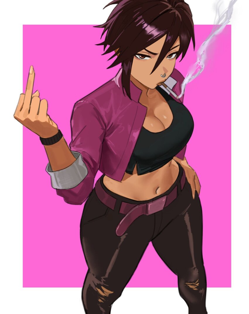 1girl belt black_pants breasts brown_eyes brown_hair cigarette cleavage closed_mouth commentary crop_top cropped_jacket dispatch english_commentary face_piercing feet_out_of_frame hair_between_eyes hand_up highres invisigal jacket large_breasts long_sleeves looking_at_viewer looking_up middle_finger midriff mugi_(mugit49) navel nose_piercing pants piercing pink_jacket purple_belt shirt short_hair smoke solo standing thighs