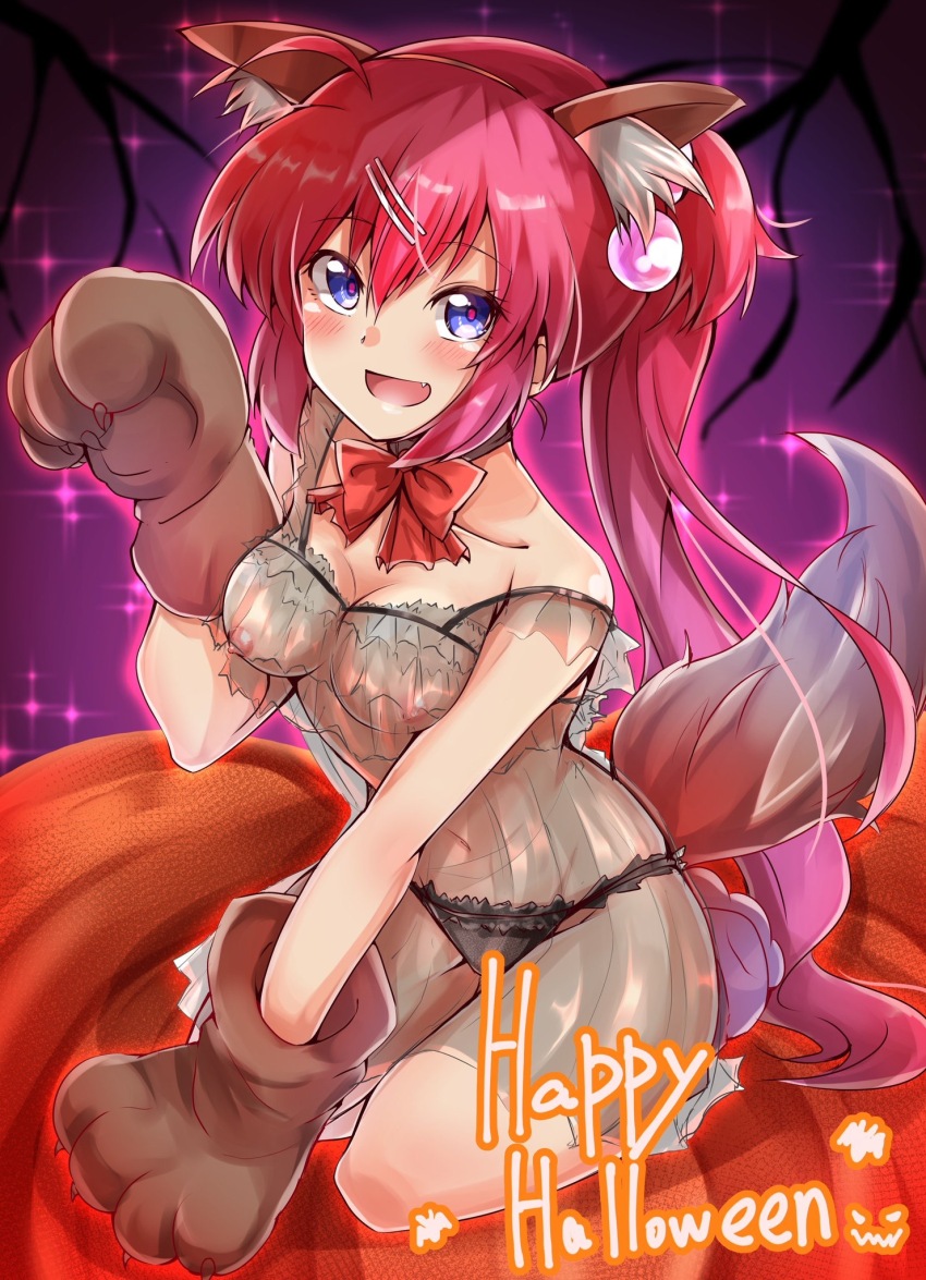 1girl :d ahoge animal_ear_fluff animal_ears animal_hands black_camisole black_choker black_panties blue_eyes blush bow breasts camisole choker cleavage collarbone commentary curvy eyelashes fake_animal_ears fang frilled_panties frills full_body gloves hair_between_eyes hair_bobbles hair_ornament hairclip halloween halloween_costume hand_up highres little_busters! long_hair looking_at_viewer medium_breasts navel nipples off_shoulder one_side_up open_mouth panties paw_gloves purple_background purple_hair red_bow red_pupils saigusa_haruka see-through_clothes see-through_camisole shinonome_mozuku side_ponytail simple_background sitting smile solo sparkle underwear upturned_eyes very_long_hair wolf_ears