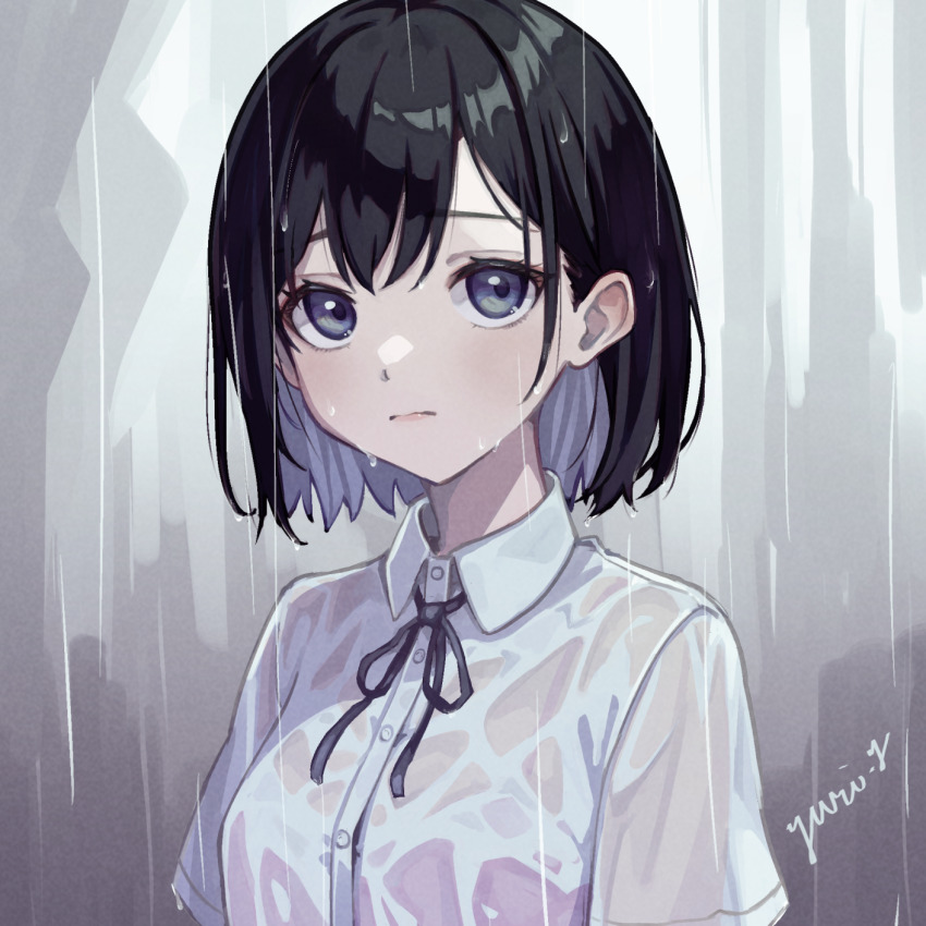 1girl artist_name black_hair black_ribbon bra bra_visible_through_clothes closed_mouth collared_shirt colored_inner_hair double-parted_bangs dress_shirt grey_background grey_eyes grey_hair highres light_frown looking_at_viewer multicolored_hair neck_ribbon original outdoors pink_bra rain raised_inner_eyebrows ribbon school_uniform see-through_clothes see-through_shirt shirt short_hair short_sleeves solo underwear upper_body water_drop wet wet_clothes wet_hair wet_shirt white_shirt wing_collar yuri_yone