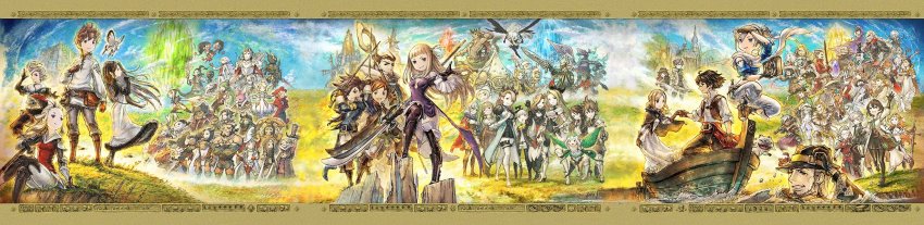 6+boys adelle_ein agnes_oblige airy_(bravely_default) anniversary boat border bravely_default:_flying_fairy bravely_default_(series) bravely_default_ii bravely_second:_end_layer character_request edea_lee elvis_lesley everyone flower gloria_neu_musa hair_flower hair_ornament hat highres ikusy janne_angard long_image magnolia_arch multiple_boys naginata nikolai_nikolanikov official_art polearm ringabel seth_(bravley_default) sword third-party_source tiz_arrior water watercraft weapon wide_image yew_geneolgia