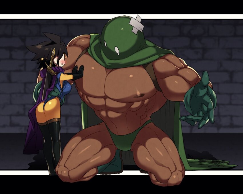1boy 1girl abs ass bara black_gloves black_hair black_thighhighs blush brick_wall cape dragon_quest dragon_quest_iii earrings embarrassed foreshortening gloves green_gloves green_hood green_male_underwear heroine_(dq3) jewelry jumpsuit kandar kneeling letterboxed looking_at_another male_focus male_underwear mask mid_(mid_skb) muscular muscular_male nipples pectorals purple_cape roto_(dq3) shredded_muscles size_difference sword tears thighhighs topless_male underwear v-taper weapon yellow_jumpsuit