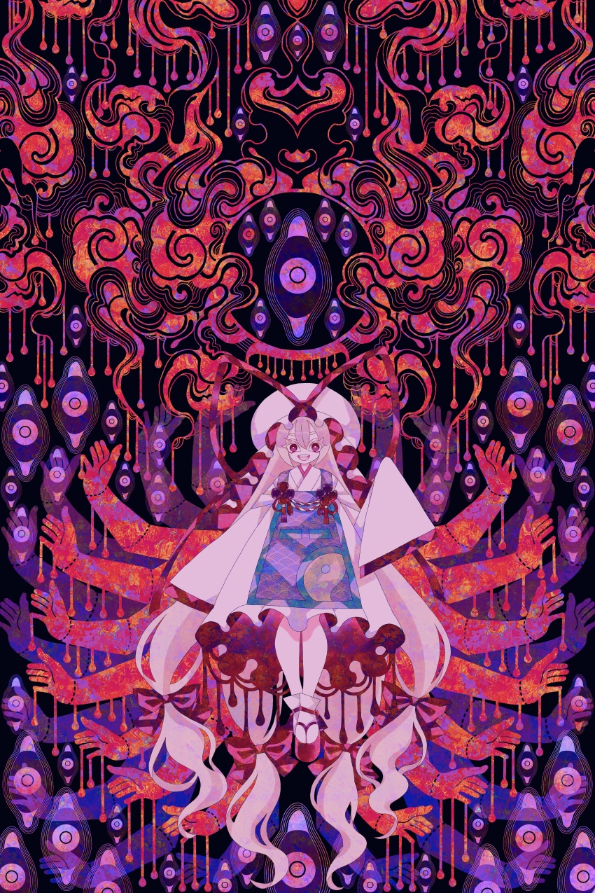 1girl abstract abstract_background absurdly_long_hair absurdres blonde_hair boku_(isizakitakasi) disembodied_hand dress eye_symbol frills full_body hair_between_eyes hair_ribbon hat highres long_hair mob_cap open_mouth purple_eyes purple_tabard ribbon sandals smile socks solo tabard teeth too_many_eyes touhou upper_teeth_only very_long_hair very_long_sleeves white_dress white_socks yakumo_yukari