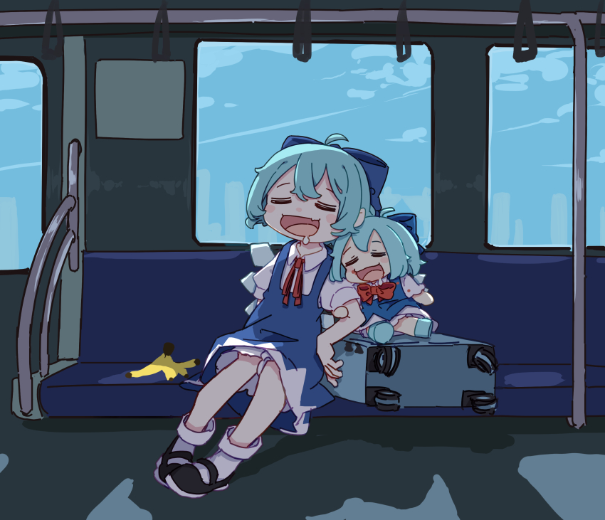 2girls absurdres banana_peel black_shoes bloomers blue_bow blue_dress blue_hair bow cirno closed_eyes dress drooling dual_persona fumo_(doll) hair_bow highres kame_(kamepan44231) mary_janes multiple_girls neck_ribbon open_mouth pinafore_dress red_ribbon ribbon rolling_suitcase shirt shoes short_sleeves sitting sleeveless sleeveless_dress smile socks suitcase touhou train_interior underwear white_shirt white_socks