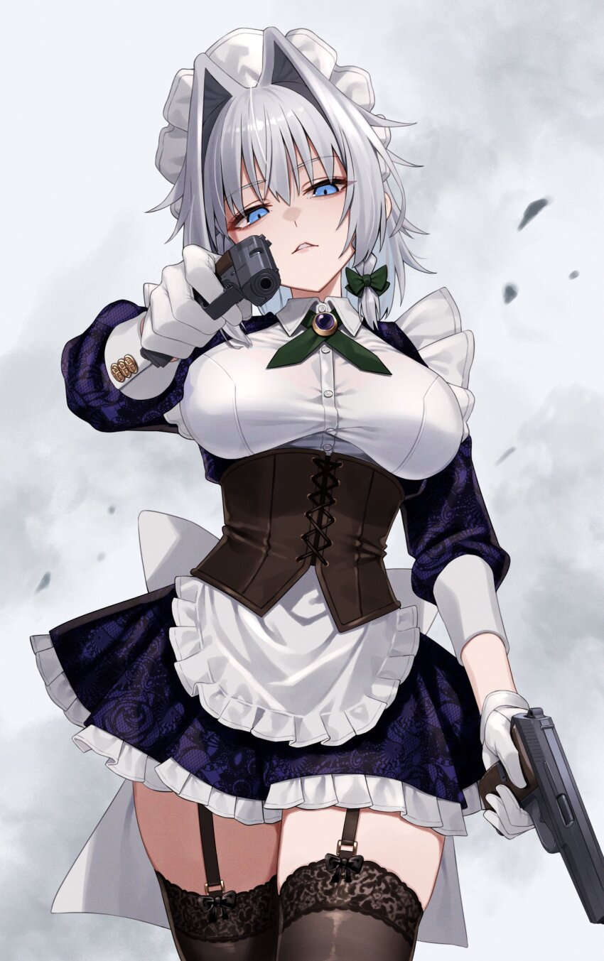 1girl aiming aiming_at_viewer apron back_bow black_thighhighs blue_dress blue_eyes bow braid breasts brown_corset collared_shirt commentary_request corset cowboy_shot cz_52 dress dual_wielding garter_straps gloves green_bow green_ribbon greenkohgen grey_hair gun hair_bow hair_intakes handgun highres holding holding_gun holding_weapon izayoi_sakuya large_breasts long_sleeves looking_at_viewer maid_headdress medium_hair neck_ribbon parted_lips ribbon shirt side_braids solo thighhighs touhou waist_apron weapon white_apron white_bow white_gloves white_shirt