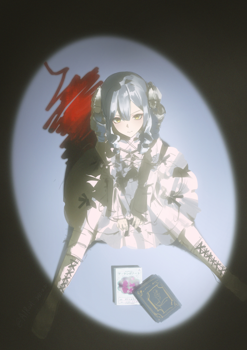 1girl absurdres airool animate_(company) animate_cafe bang_dream! bang_dream!_it&#039;s_mygo!!!!! black_ribbon bloom blue_hair book boots bow center-flap_bangs chinese_commentary closed_mouth colored_shadow commentary_request different_shadow double-parted_bangs dress dress_bow dress_ribbon drill_hair drill_sidelocks from_above full_body grey_ribbon highres lace-up_boots long_sleeves looking_at_viewer looking_up medium_dress medium_hair notebook official_alternate_costume official_alternate_hair_length official_alternate_hairstyle on_floor revision ribbon ribbon_hair shadow sidelocks solo spotlight togawa_sakiko twin_drills v_arms white_boots white_bow white_dress yellow_eyes