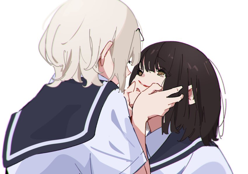 2girls atenaba black_ribbon blonde_hair blood blue_sailor_collar brown_eyes brown_hair commentary eye_contact hair_ribbon hanamura_hinako hands_on_another&#039;s_cheeks hands_on_another&#039;s_face highres kitanai_kimi_ga_ichiban_kawaii looking_at_another multiple_girls nosebleed open_mouth ribbon sailor_collar school_uniform serafuku sezaki_airi shirt short_hair short_sleeves simple_background upper_body white_background white_shirt wiping_blood