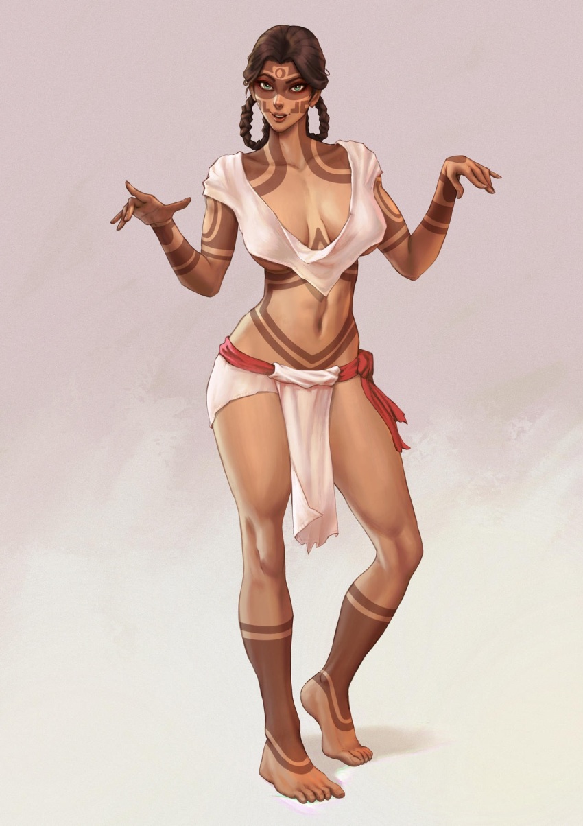 1girl atl_metztli brown_hair green_eyes highres loincloth mayan mayan_mythology midriff tribal twintails