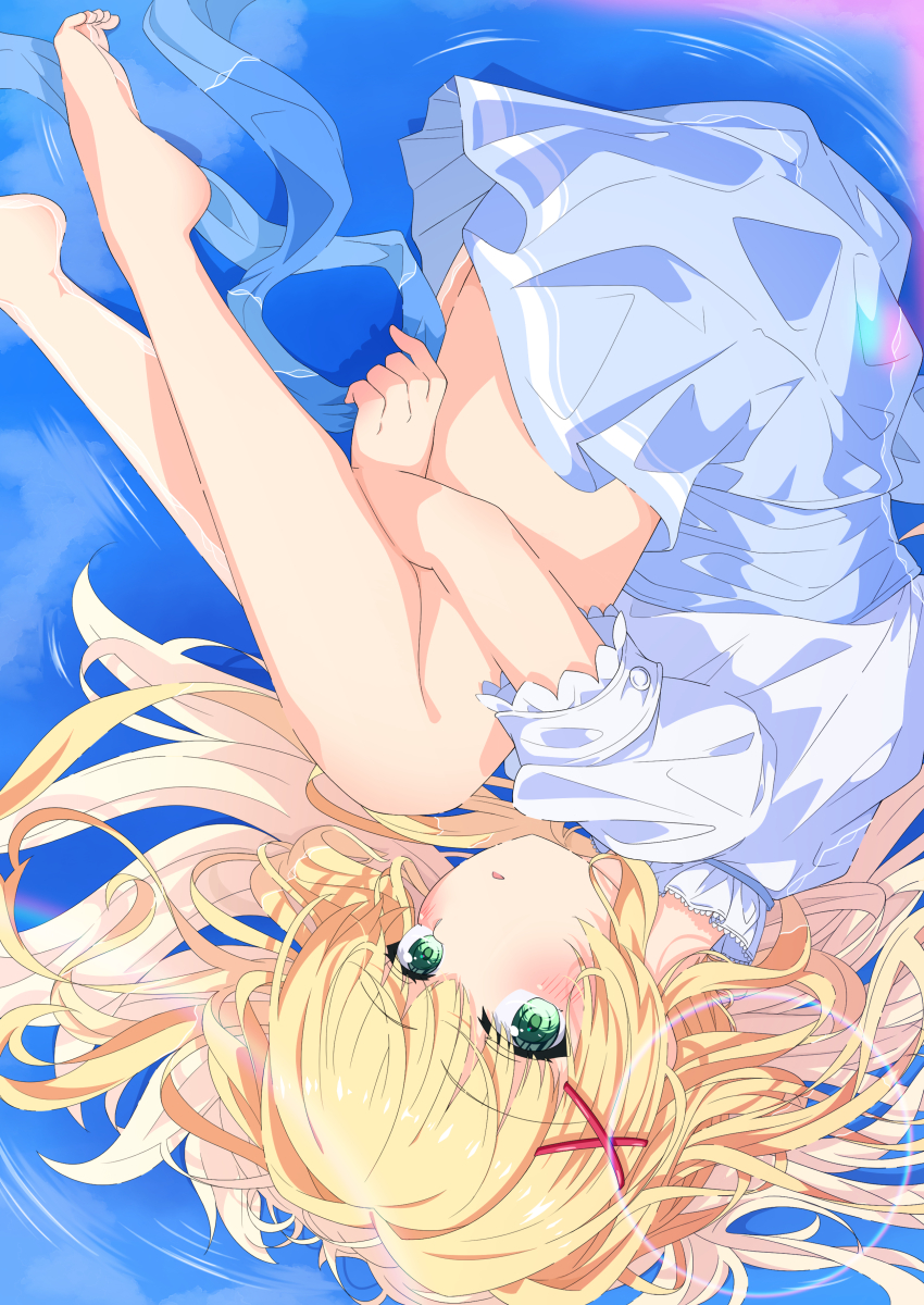 1girl 2023 absurdres bare_legs barefoot blonde_hair blue_skirt blush commentary_request dated_commentary feet fetal_position foot_out_of_frame frilled_sleeves frills from_above green_eyes hair_between_eyes hair_intakes hair_ornament hair_spread_out high-waist_skirt highres hugging_own_legs kyamiuu long_hair looking_at_viewer looking_up lying official_alternate_costume on_side parted_lips puffy_short_sleeves puffy_sleeves ripples shirt short_sleeves skirt solo summer_pockets toes tsumugi_wenders twintails upside-down water white_shirt x_hair_ornament