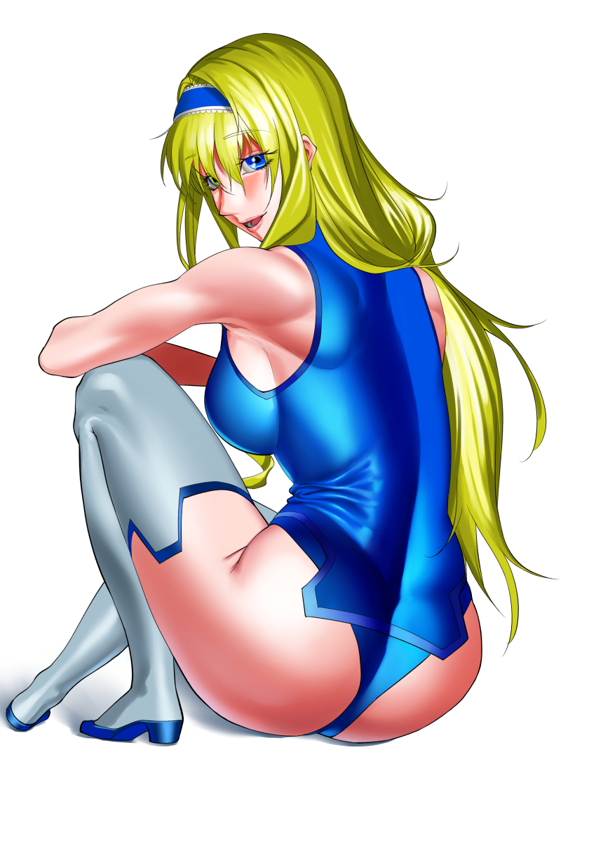 1girl absurdres ass blonde_hair blue_eyes breasts cecilia_alcott drill_hair hairband highres infinite_stratos large_breasts legs leotard long_hair looking_at_viewer open_mouth pink_lips seductive_gaze seductive_smile sideboob sitting smile solo teeth thighhighs thighs tongue very_long_hair