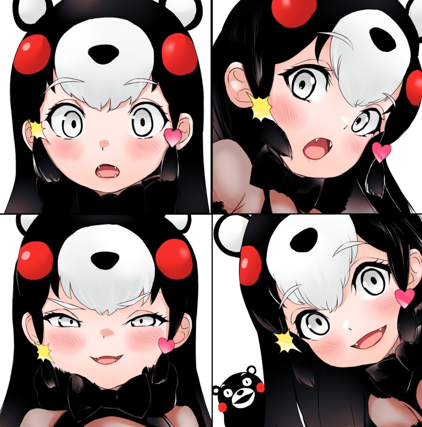 1girl akegata_tobari animal_ears bear_ears bear_girl black_bow black_bowtie black_dress black_hair blush bow bowtie chibi_kumamon_(kemono_friends) commentary_request dress extra_ears fangs grey_eyes hair_ornament heart heart_hair_ornament highres kemono_friends kumamon long_hair multicolored_hair multiple_views open_mouth red_hair see-through_clothes sidelocks smile star_(symbol) star_hair_ornament white_hair