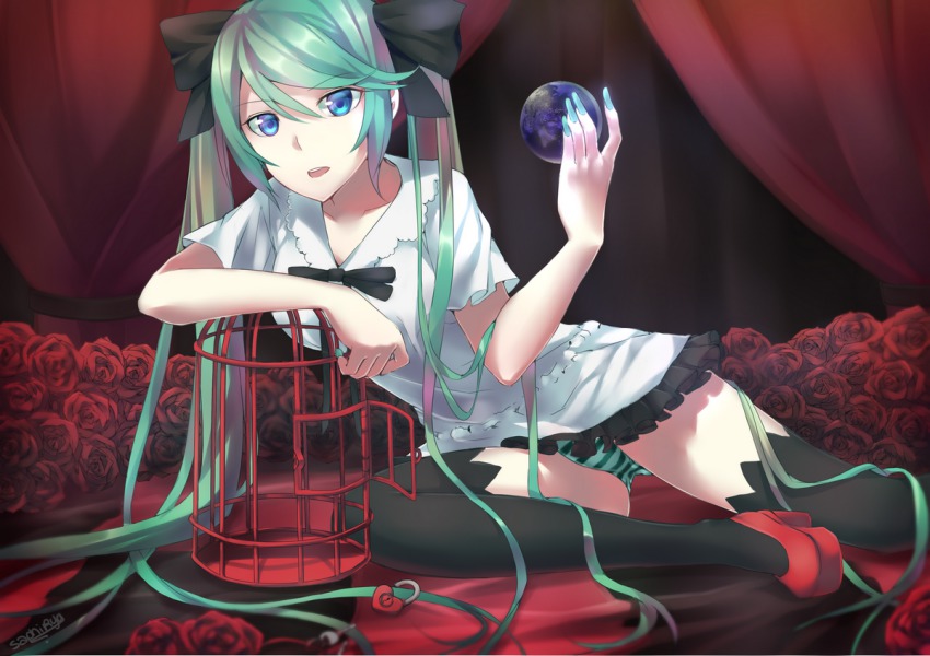 1girl birdcage blue_eyes cage female_focus flower globe green_hair hair_ribbon hatsune_miku lock long_hair padlock panties pantyshot ribbon rose saphirya skirt solo striped_clothes striped_panties thighhighs twintails underwear upskirt very_long_hair vocaloid world_is_mine_(vocaloid)