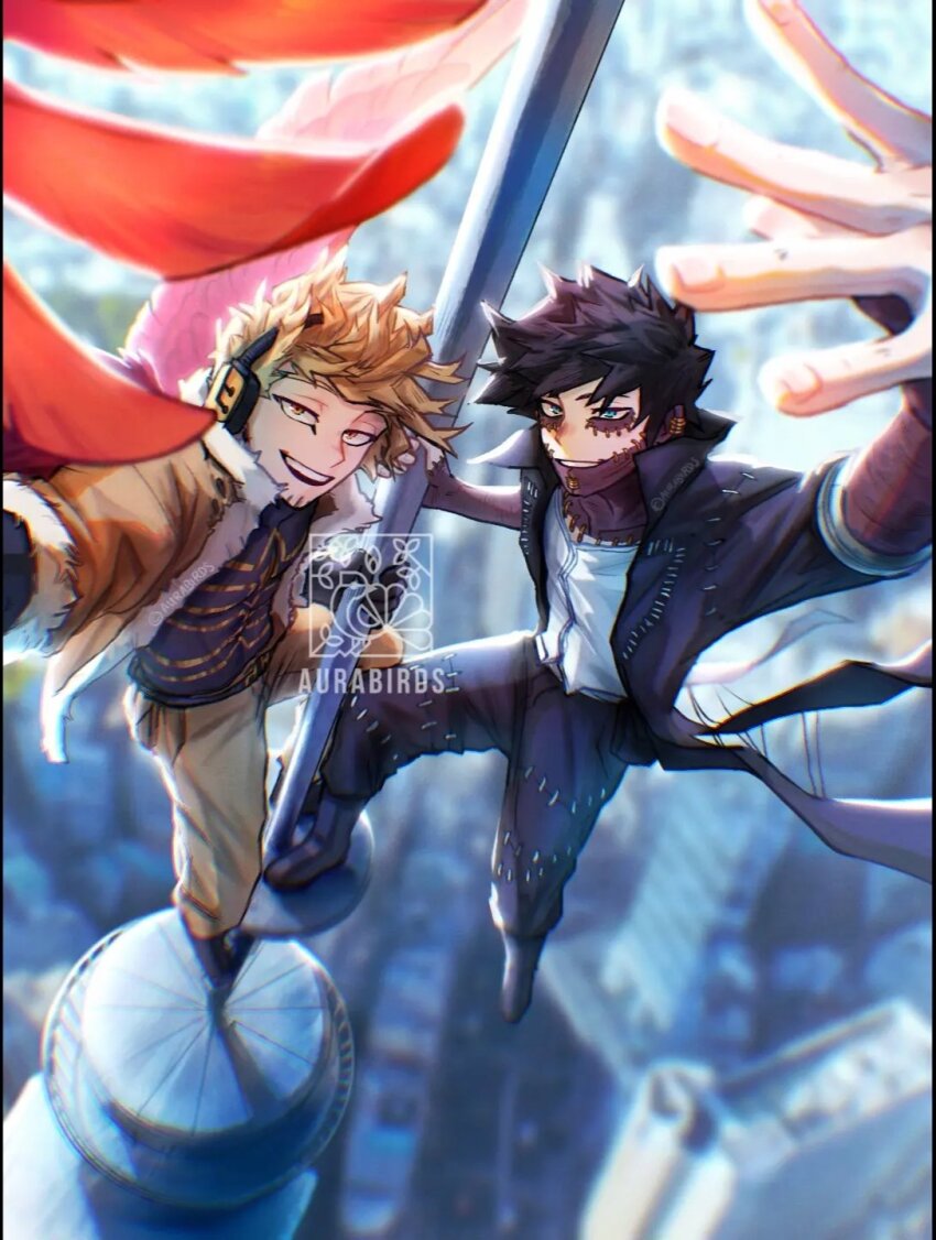 2boys artist_logo artist_name aurabirds beard_stubble black_hair blonde_hair blue_eyes blurry blurry_background boku_no_hero_academia building burn_scar cheek_piercing city commentary dabi_(boku_no_hero_academia) ear_piercing english_commentary facial_hair feathered_wings feathers fur_trim grin hawks_(boku_no_hero_academia) headphones highres jacket logo looking_at_viewer male_focus multiple_boys multiple_scars open_mouth piercing red_feathers scar scar_on_face scar_on_neck shirt short_hair skyscraper smile spiked_hair stapled stitched_pants stitches stubble teeth watermark white_shirt wings
