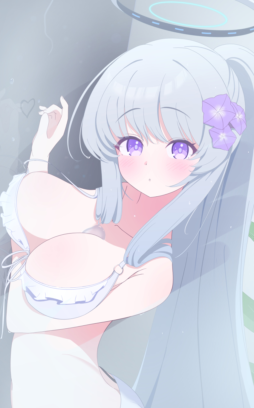 1girl :o absurdres alternate_costume alternate_hairstyle bikini blue_archive blush breasts collarbone commentary_request flower fortysansan frilled_bikini frills hair_flower hair_ornament halo highres large_breasts long_hair mechanical_halo noa_(blue_archive) ponytail purple_eyes solo swimsuit white_bikini white_hair white_halo