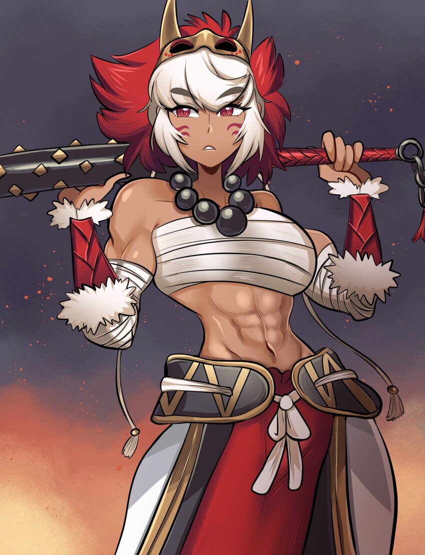 1girl absurdres beads biceps chest_sarashi club club_(weapon) dark-skinned_female dark_skin facial_mark fire_emblem fire_emblem_fates highres holding holding_club holding_weapon mask mask_on_head midriff missandydandy muscular muscular_female nintendo obliques prayer_beads red_eyes rinkah_(fire_emblem) sarashi short_hair solo spiked_club weapon white_hair