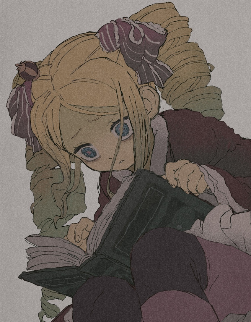 1girl @_@ bags_under_eyes beatrice_(re:zero) blonde_hair book capelet commentary crown despair drill_hair duplicate eyelashes from_below grey_background grey_eyes hair_ribbon highres iwamushi long_hair long_sleeves looking_down mini_crown open_book pantyhose parted_lips raised_eyebrows re:zero_kara_hajimeru_isekai_seikatsu ribbon sidelocks solo striped_clothes striped_pantyhose symbol-shaped_pupils twin_drills twintails