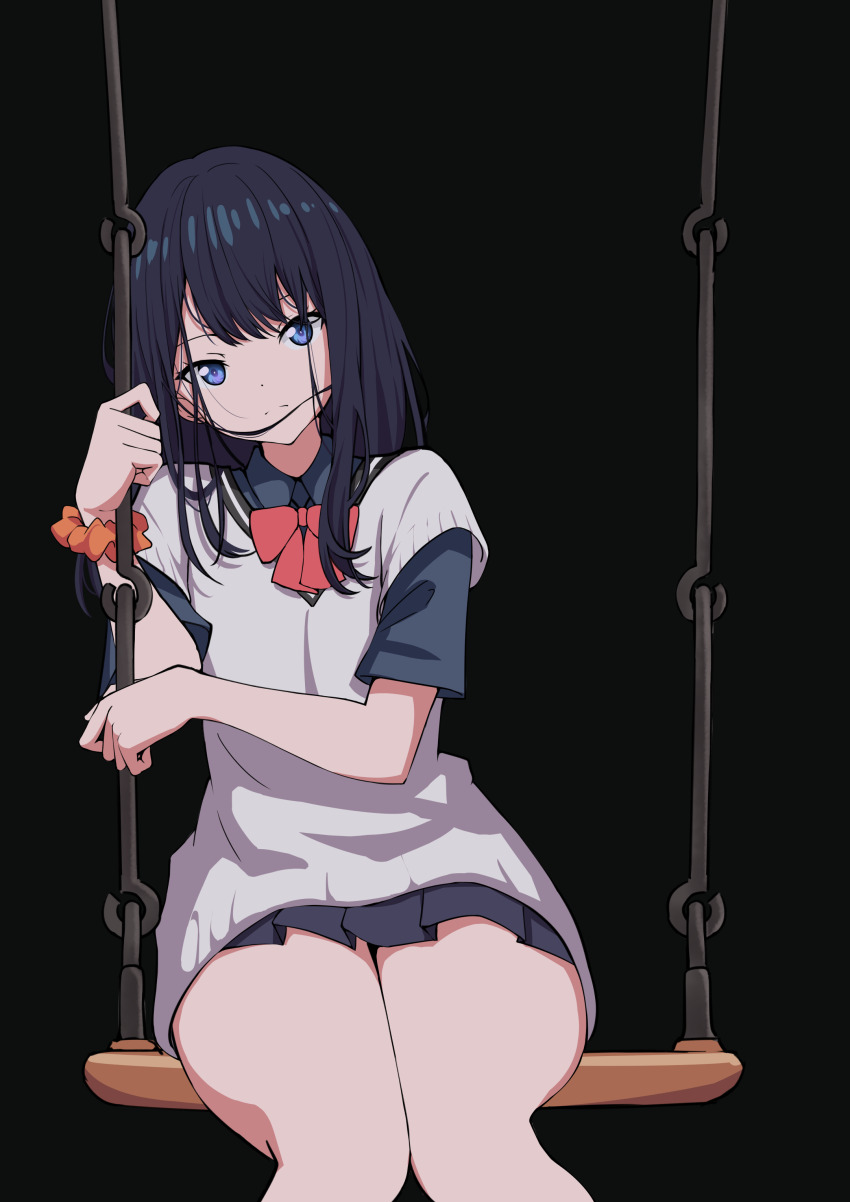 1girl absurdres black_hair black_skirt blue_eyes bow breasts defaultkavy gridman_universe gridman_universe_(movie) highres holding long_hair looking_at_viewer on_swing park playground school_uniform shirt sitting skirt small_breasts solo swing swing_set takarada_rikka thick_thighs thighs
