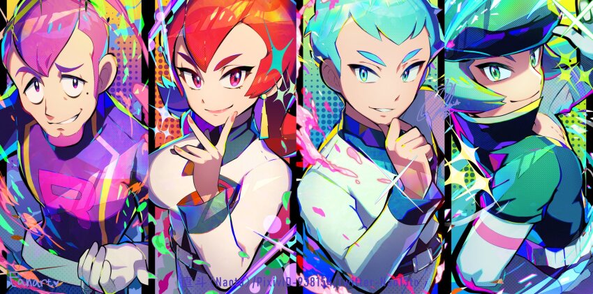 1girl 3boys archer_(pokemon) ariana_(pokemon) belt closed_mouth commentary_request earrings elbow_gloves eyelashes gloves green_eyes green_hair hand_on_own_chin hand_up hat highres jacket jewelry logo long_hair long_sleeves mole mole_under_eye multiple_boys naoto_(yandereheaven) nintendo parted_lips petrel_(pokemon) pink_eyes pokemon pokemon_hgss proton_(pokemon) purple_hair red_hair smile smirk stroking_own_chin team_rocket team_rocket_uniform
