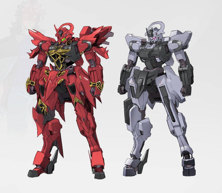 absurdres assault_visor clenched_hands darilbalde full_body fusion glowing glowing_eye grey_background gundam gundam_schwarzette gundam_suisei_no_majo gundam_unicorn highres horns mecha no_humans purple_eyes robot sadamatsu_ryuuichi science_fiction simple_background sinanju single_horn