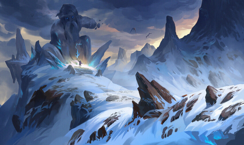 1other chinnkun cloud cloudy_sky dragon fantasy floating_rock from_behind holding holding_staff landscape magic mountain nature original painterly rock sky snow staff statue