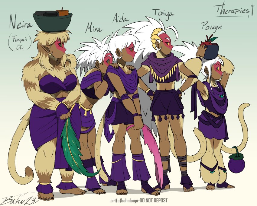 5girls bahnloopi bandaged_leg bandages black_nails body_fur bracelet breasts character_name colored_skin dark-skinned_female dark_skin dragon_ball dragon_ball_super dragonball_z english_text fanwork feet fingernails flat_chest flower_pot food fruit full_body fur gold gradient_background grey_background headcanon highres jewelry large_breasts looking_to_the_side medium_breasts monkey_girl mouthless multiple_girls muscular muscular_female pointy_ears ponytail red_skin saiyan scared sharp_fingernails shoulder_grab signature similar_clothes simple_background size_difference skirt spiked_hair tail toeless_legwear toes toned toned_female white_fur white_hair yellow_eyes