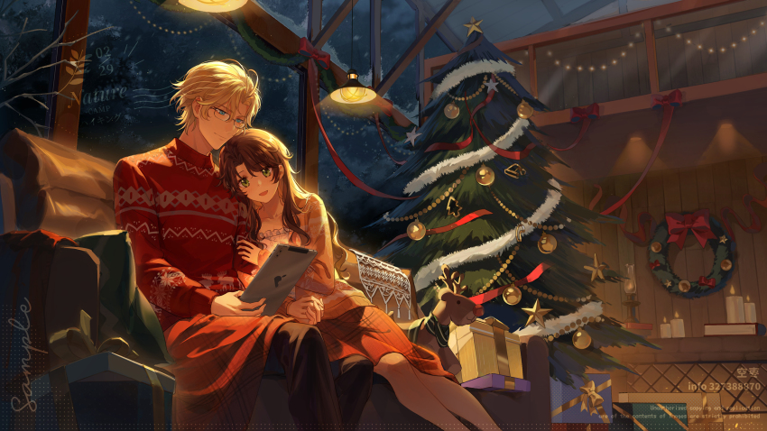 1boy 1girl :d black-framed_eyewear black_pants blanket blonde_hair blue_eyes bow box branch brown_hair candle character_request christmas christmas_lights christmas_ornaments christmas_sweater christmas_tree christmas_wreath closed_mouth collarbone commentary_request couch garland_(decoration) gift gift_box glasses green_eyes hair_between_eyes hanging_light highres holding holding_hands indoors kongzao lars_rorschach long_hair long_sleeves lovebrush_chronicles lars_rorschach night open_mouth pants parted_bangs pink_sweater red_bow red_ribbon red_sweater ribbon shared_blanket short_hair sidelocks sitting smile sweater tablet_pc watermark window wreath