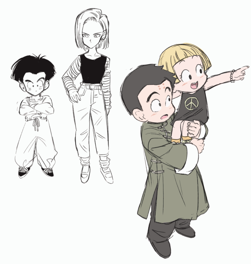 1boy 2girls android_18 black_eyes black_hair blonde_hair blush couple dragon_ball father_and_daughter happy height_difference highres husband_and_wife kuririn marron_(dragon_ball) mother_and_daughter multiple_girls sketch smile white_background
