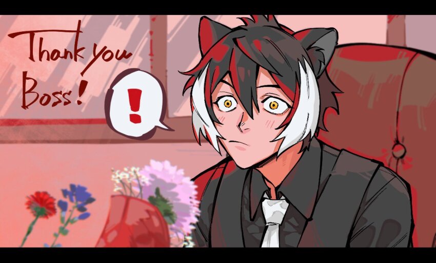 ! 1boy animal_ears bad_id bad_twitter_id black_hair black_shirt black_vest blush bouquet chair collared_shirt dededon04 flower hair_between_eyes holostars jackal_boy jackal_ears kageyama_shien kageyama_shien_(1st_costume) letterboxed male_focus multicolored_hair necktie on_chair portrait shirt short_hair sitting solo speech_bubble spoken_exclamation_mark streaked_hair two-tone_hair vest virtual_youtuber white_hair white_necktie window yellow_eyes