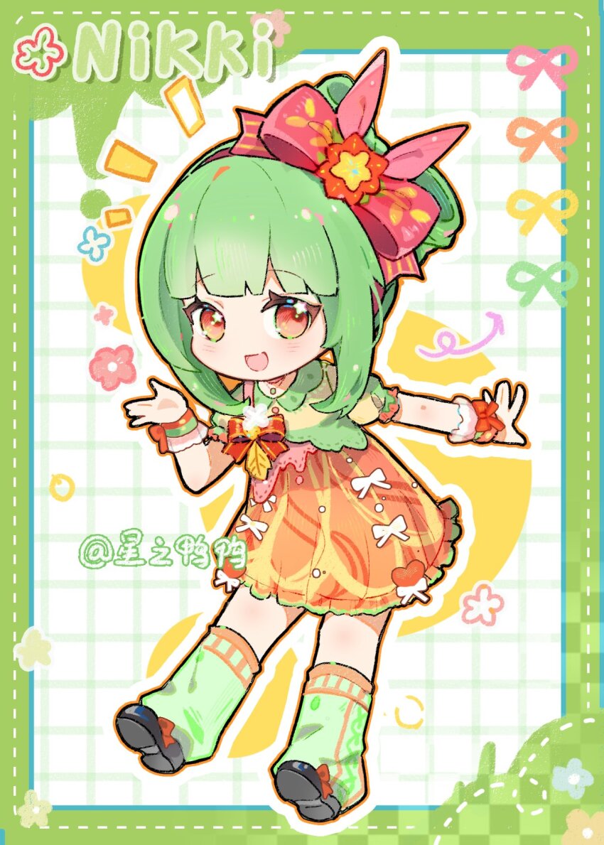 1girl artist_name black_shoes blunt_bangs border bow bow-shaped_hair bowtie checkered_border cherilynorz chinese_commentary colored_shadow commentary_request copyright_name dotted_line dress dress_bow eyelashes floral_border flower flower_in_eye footwear_bow frilled_dress frilled_sleeves frills full_body fur-trimmed_wrist_cuffs green_border green_hair green_leg_warmers grid_background hair_bow hair_bun hair_flower hair_ornament hand_up happy highres infinity_nikki leaning_forward leg_warmers looking_at_viewer nikki_(series) notice_lines open_mouth orange_dress orange_eyes outline pink_bow puffy_short_sleeves puffy_sleeves red_bow red_bowtie red_flower red_wrist_cuffs shadow shoes short_dress short_hair_with_long_locks short_sleeves sidelocks single_hair_bun smile solo springbloom_enchantment_(infinity_nikki) standing striped_bow symbol_in_eye updo white_background white_bow white_outline wrist_bow wrist_cuffs yellow_sleeves