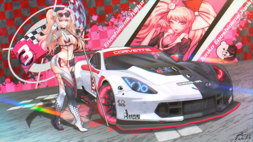 1girl asymmetrical_footwear black_boots black_shrug blue_eyes boots breasts car cat_hair_ornament character_name checkered_flag chevrolet chevrolet_corvette chevrolet_corvette_c7 chromatic_aberration cleavage commentary commission danganronpa:_trigger_happy_havoc danganronpa_(series) english_commentary enoshima_junko eyewear_on_head flag gloves hair_ornament high_heel_boots high_heels holding holding_flag imrinzlergtz_art imsa_sportscar_championship medium_breasts miniskirt mismatched_footwear mobil1 monokuma motor_vehicle navel pixiv_commission race_queen race_vehicle racecar shadow shrug_(clothing) skirt sling_bikini_top solo sunglasses thigh_boots twintails v vehicle_focus walking white_boots white_gloves wide_hips