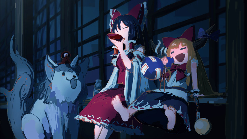3girls :3 :d absurdres animalization arm_support barefoot black_hair blonde_hair blouse blue_skirt bow bowl bowl_hat bowtie chain closed_eyes cup detached_sleeves drinking drunk fang frilled_bow frilled_hair_tubes frilled_skirt frills gourd hair_bow hair_tubes hakurei_reimu hand_up haruaki_(onkai_planaria) hat highres holding holding_cup horn_bow horn_ornament horns ibuki_suika japanese_clothes kimono komano_aunn komano_aunn_(komainu) long_hair long_sleeves looking_at_another mini_person minigirl multiple_girls night oni oni_horns open_mouth orb outdoors outstretched_legs purple_bow red_bow red_bowtie red_skirt red_vest ribbon-trimmed_sleeves ribbon_trim sakazuki shirt shouji sidelocks single_horn sitting skirt sleeveless sleeveless_shirt sliding_doors smile sukuna_shinmyoumaru tail tokkuri tongue tongue_out touhou veranda vest white_shirt white_sleeves wide_sleeves wrist_cuffs