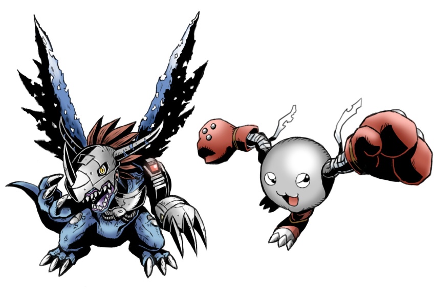 bandages cyborg digimon digimon_(creature) digital_monster_ver._1 gloves highres horns mamemon metalgreymon_(virus) yellow_eyes