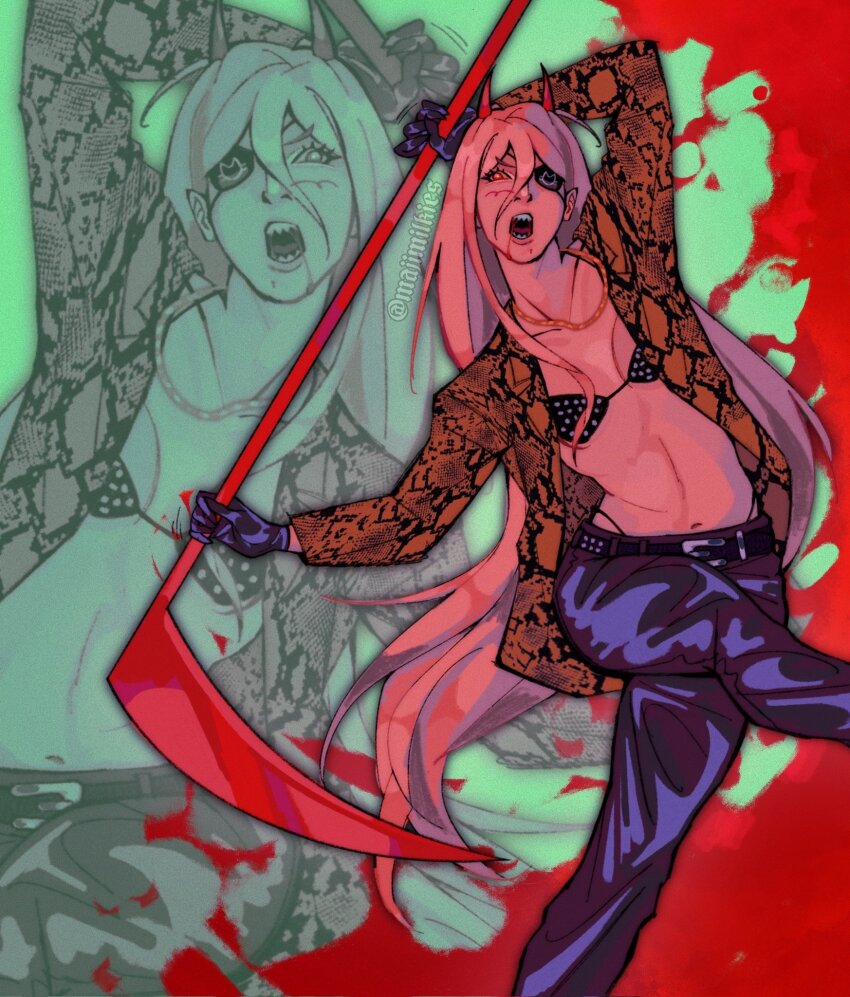 chainsaw_man cosplay eyepatch gloves hair_between_eyes highres holding holding_scythe horns leather leather_gloves majima_goro majima_goro_(cosplay) majimilkies power_(chainsaw_man) red_horns scythe sharp_teeth snake_print teeth