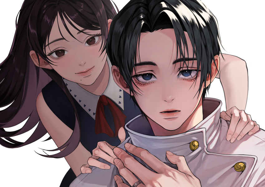 1boy 1girl absurdres black_hair blue_eyes brown_eyes brown_hair buttons closed_mouth dress fingernails hand_on_own_shoulder hands_on_another&#039;s_shoulders highres jacket jewelry jujutsu_kaisen jujutsu_tech_uniform long_eyelashes long_hair looking_at_viewer mole mole_under_mouth nuy_(arty_nuy) okkotsu_yuuta open_mouth orimoto_rika ring school_uniform serious short_hair simple_background sleeveless smile white_background white_jacket