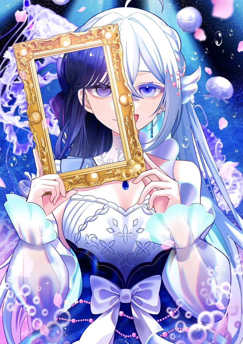 1girl absurdres aitsuki_nakuru black_hair blue_dress blue_eyes bow detached_sleeves dress highres holding holding_mirror la_priere long_hair looking_at_viewer mirror multicolored_dress puffy_detached_sleeves puffy_sleeves sakuma_kou see-through_clothes see-through_sleeves solo upper_body utaite white_bow white_dress white_hair