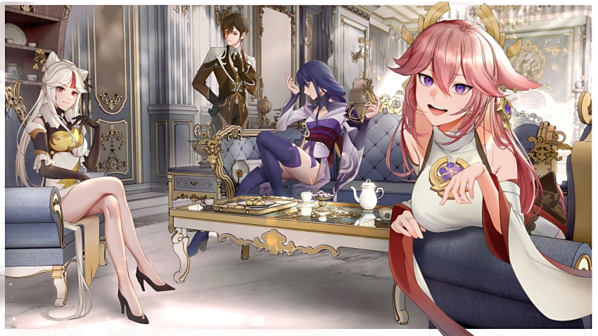 1boy 3girls :| absurdres animal_ears armor bare_shoulders black_gloves black_hair braid breasts bridal_gauntlets brown_footwear brown_hair china_dress chinese_clothes claw_ring closed_mouth collared_shirt couch crossed_legs cup detached_sleeves dress earrings elbow_gloves floppy_ears food formal_clothes fox_ears fur_collar fur_trim genshin_impact gloves gradient_hair hair_between_eyes hair_ornament hair_stick hairpin hand_on_own_hip hand_up hands_up high_heels highres indoors jacket japanese_clothes jewelry kimono large_breasts light long_hair long_sleeves looking_at_viewer low-braided_long_hair low-tied_long_hair macaron maoy123 multicolored_hair multiple_girls necktie ningguang_(genshin_impact) nontraditional_miko obi obiage obijime open_mouth parted_bangs pink_hair purple_eyes purple_hair purple_kimono purple_legwear raiden_shogun red_eyes ring sash shelf shirt shoulder_armor sidelocks sitting sleeveless sleeveless_shirt smile standing stool suit table teacup teapot teeth thighhighs turtleneck upper_teeth_only very_long_hair vest vision_(genshin_impact) white_dress white_hair white_shirt white_sleeves wide_sleeves yae_miko yellow_eyes zhongli_(genshin_impact)