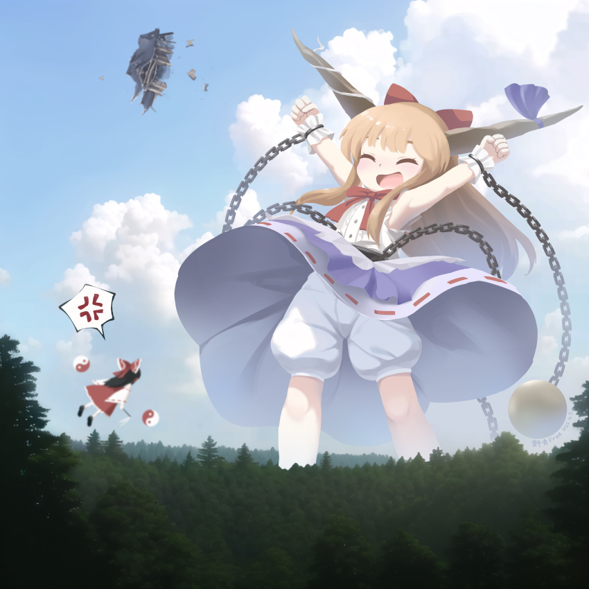 2girls ^_^ absurdres anger_vein black_hair bloomers blue_skirt blue_sky blush bow brown_hair chain chinese_commentary clenched_hands closed_eyes cloud cloudy_sky commentary detached_sleeves floating_building flying forest frilled_wristband giant giantess gohei hair_bow hakurei_reimu highres holding holding_gohei horns ibuki_suika meiwei_doufu_gou multiple_girls nature orb outdoors outstretched_arms red_bow red_skirt sent_flying shirt skirt sky smile spoken_anger_vein standing touhou tree underwear upskirt white_bloomers white_shirt yin_yang yin_yang_orb