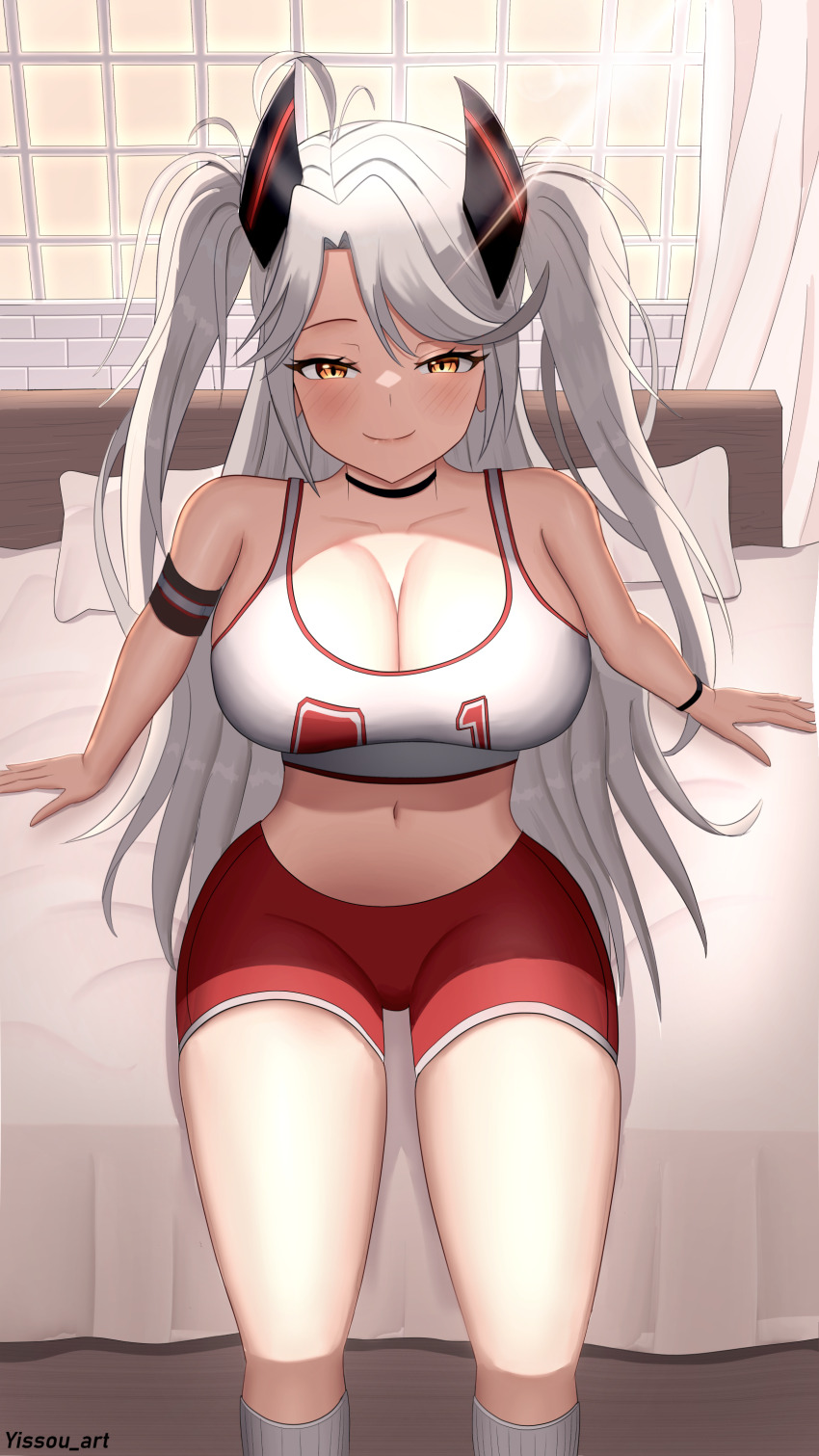 1girl absurdres azur_lane bare_shoulders bed bedroom blush breasts cleavage hair_ornament headgear highres large_breasts long_hair looking_at_viewer multicolored_hair navel ponytail prinz_eugen_(azur_lane) prinz_eugen_(brilliant_touchdown)_(azur_lane) sitting smile solo streaked_hair twitter_username yissou_art