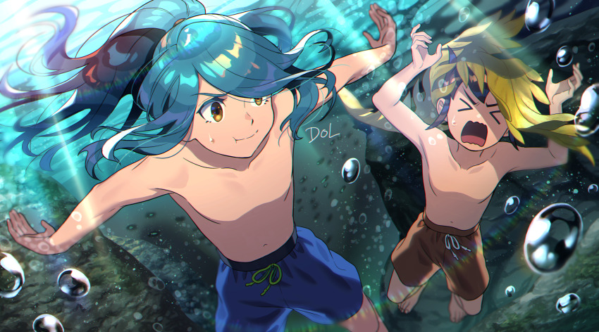 2boys air_bubble aqua_hair blue_male_swimwear blue_swim_trunks brown_eyes brown_hair bubble closed_eyes closed_mouth commentary_request diving dolustoy endou_mamoru highres holding_breath inazuma_eleven inazuma_eleven_(series) kazemaru_ichirouta kelp long_hair male_focus male_swimwear multiple_boys open_mouth orange_male_swimwear ponytail sweatdrop swim_trunks topless_male underwater water
