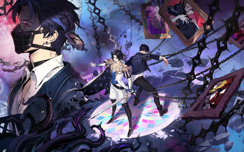 2girls 3boys animal arai_motoha artist_request back-to-back black_dog black_mask black_pants black_shoes blue_jacket chain character_request closer_(p5x) dog holding holding_sword holding_weapon hood hood_up ikenami_shouki jacket kamishiro_nagisa looking_at_viewer luce_(p5x) mask mouth_mask multiple_boys multiple_girls official_art pants persona persona_5 persona_5:_the_phantom_x profile red_eyes red_mask shoes shorts sword third-party_source weapon white_shorts wonder_(p5x)