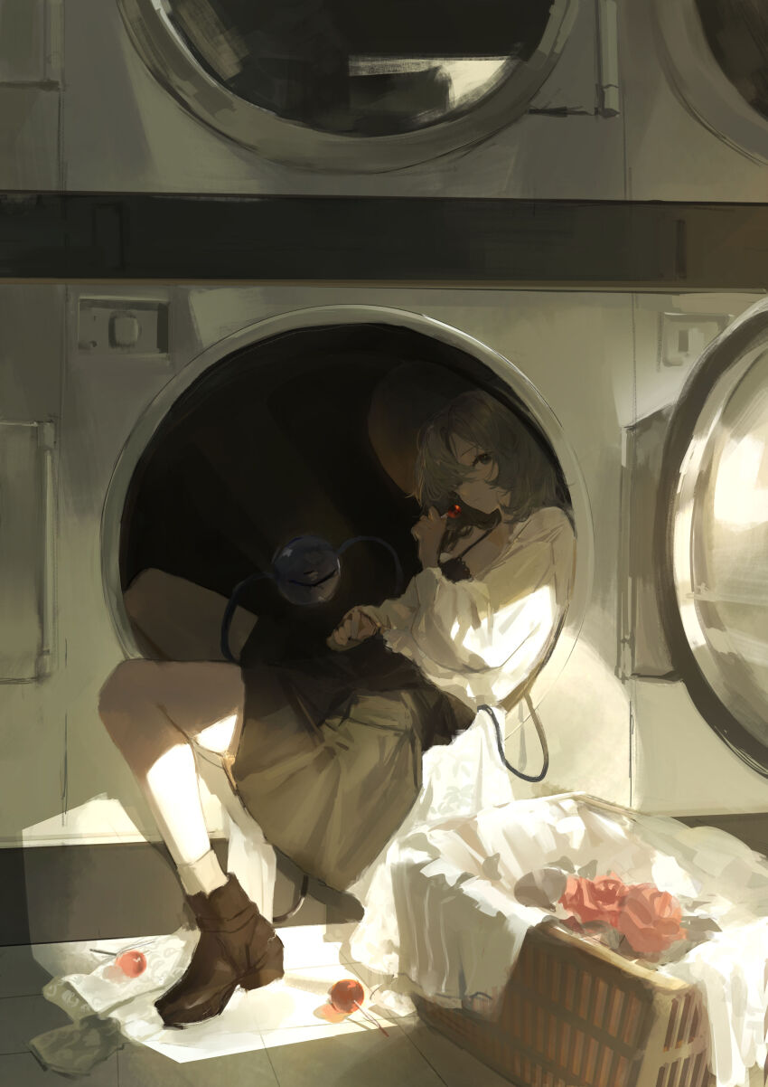 1girl absurdres black_hat candy commentary flower food full_body green_eyes green_hair hat highres holding holding_candy holding_food holding_lollipop in_washing_machine komeiji_koishi laundromat laundry laundry_basket lollipop looking_at_viewer petals red_flower red_rose rose sawararado shirt solo sunlight third_eye touhou washing_machine white_shirt