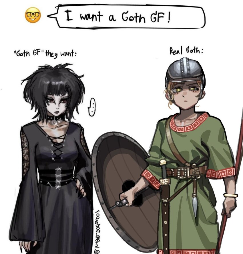 ... 2girls armor black_dress black_hair black_nails blonde_hair bracelet collar dagger dress english_text eyeliner goth_fashion green_dress green_eyes green_tunic helm helmet holding holding_polearm holding_shield holding_weapon jewelry knife makeup multiple_girls nerd_emoji original polearm pzkpfwi sheath sheathed shield sword tunic weapon