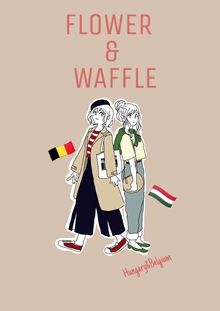 :3 alternate_costume axis_powers_hetalia bag belgian_flag belgium_(hetalia) beret blouse coat coat_on_shoulders english_text hat heel-less_heels highres hungarian_flag hungary_(hetalia) limited_palette looking_at_another maho_(mahomuki) shirt striped_clothes striped_shirt trench_coat yuri
