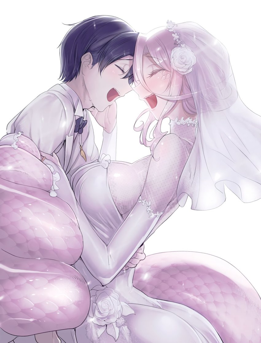 1boy 1girl black_hair blush breasts doctor dress closed_eyes glenn_litbeit highres lamia large_breasts monster_girl monster_musume_no_oisha-san official_art open_mouth red_hair saphentite_neikes simple_background smile veil wedding_dress white_background z-ton