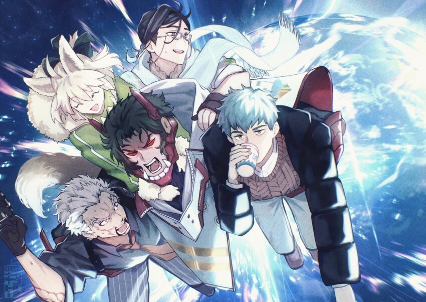 1girl 4boys ahoge animal_ears black_hair blonde_hair carrying carrying_person cup disposable_cup drinking explosion facial_scar fate/grand_order fate_(series) glasses green_jacket grey_hair gun hijikata_toshizou_(dream_portrait)_(fate) hijikata_toshizou_(fate) holding holding_gun holding_weapon jacket multiple_boys nagakura_shinpachi_(exhibition_attire)_(fate) nagakura_shinpachi_(fate) necktie okita_souji_(dream_portrait)_(fate) okita_souji_(fate) red_eyes saitou_hajime_(dream_portrait)_(fate) saitou_hajime_(fate) scar scar_on_cheek scar_on_face scarf tail teria_(teriarian) weapon white_hair wolf_ears wolf_tail yamanami_keisuke_(event_portrait)_(fate) yamanami_keisuke_(fate)
